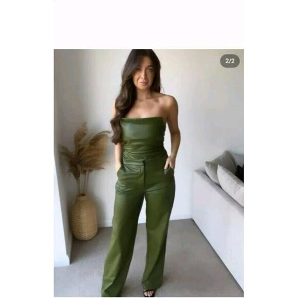 Zara Faux Leather Blazer Jacket Olive Green Size M 4432 740 - Picture 3 of 11